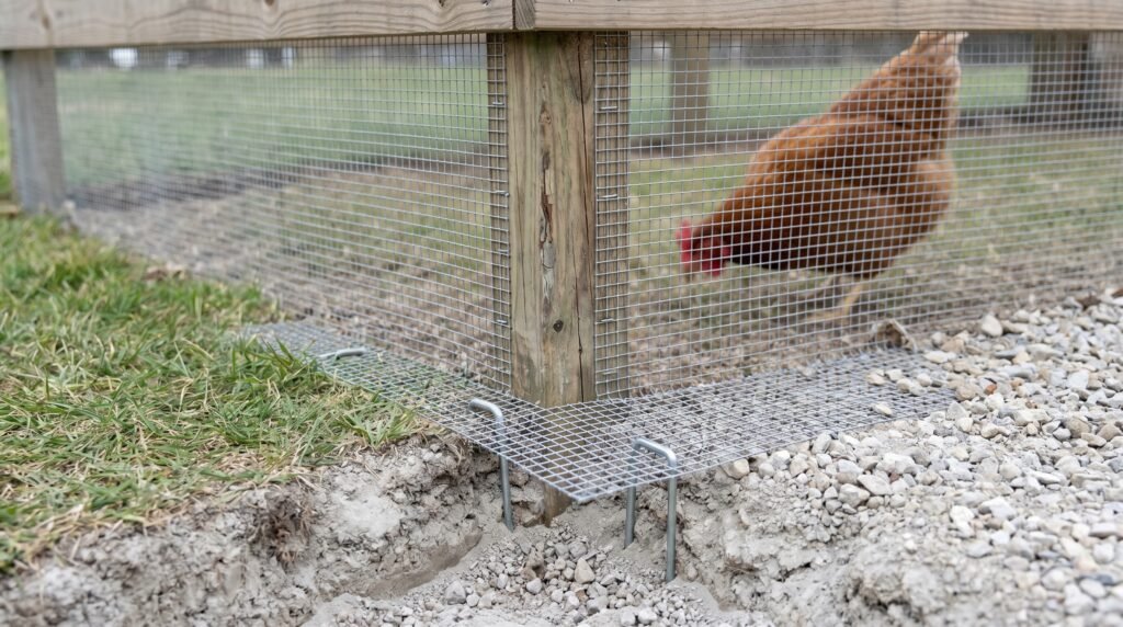 Cross-section showing hardware cloth surface apron installed along chicken run fence base