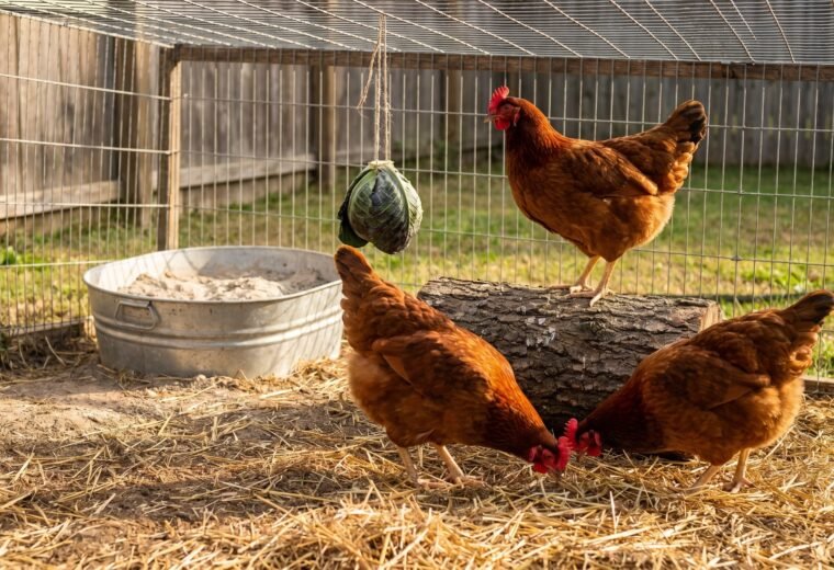 Three hens scratching through straw in an enriched chicken run with perch and dust bath