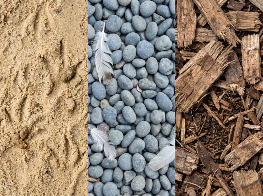 Three chicken run flooring textures side by side: coarse sand, pea gravel, and wood chips