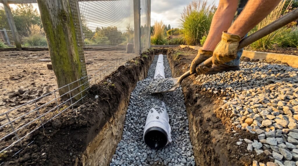 French drain trench with perforated pipe and crushed stone along a chicken run fence