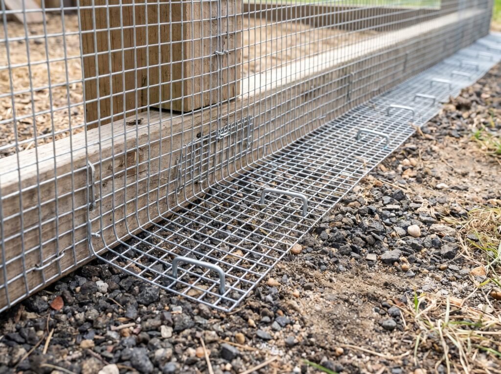 Hardware cloth L-apron at chicken run base prevents digging predators from tunneling under