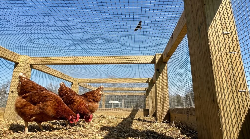 chicken run with overhead hardware cloth covering and hawk circling safely above