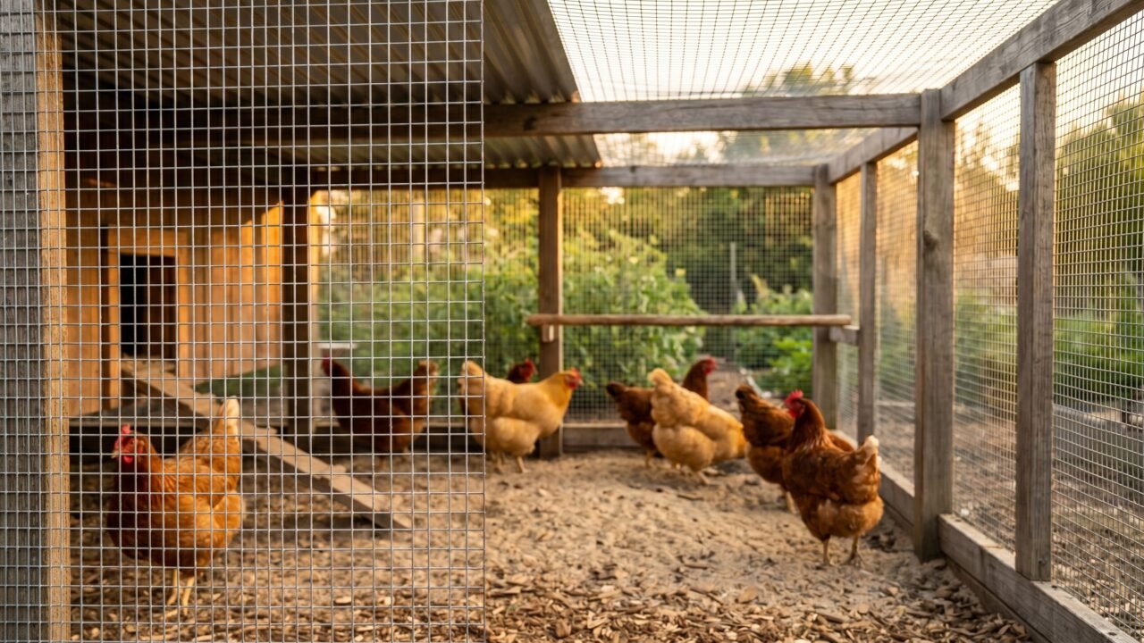 Eight hens in a predator-proof hardware cloth chicken run with a partial roof cover
