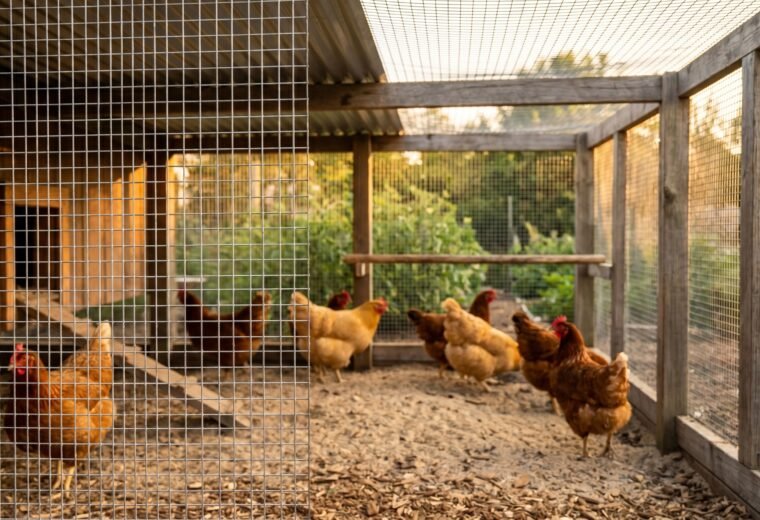 Eight hens in a predator-proof hardware cloth chicken run with a partial roof cover