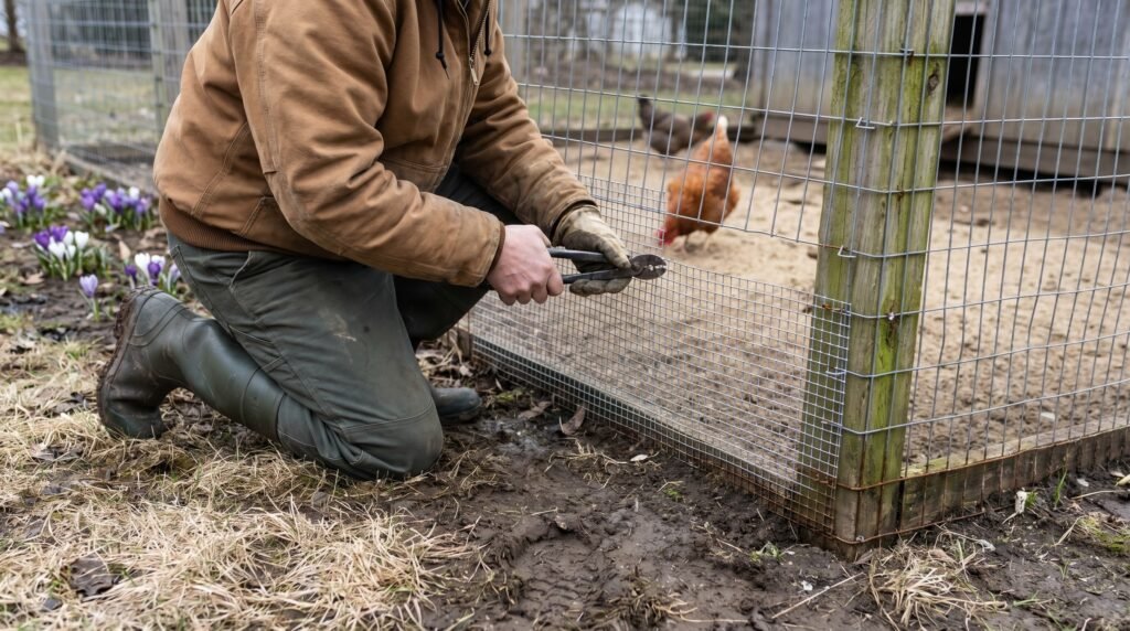 Keeper repairing winter-damaged hardware cloth on chicken run fence in early spring