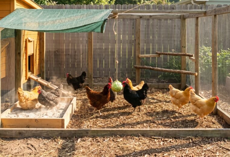 Enriched backyard chicken run with dust bath, stepped perches, and shade cloth