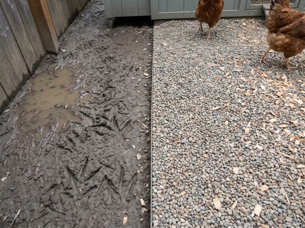 Chicken run floor showing wet mud problem alongside coarse gravel drainage solution