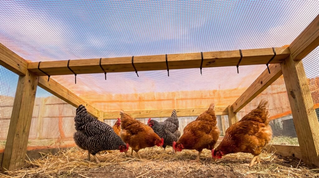 Orange overhead bird netting stretched across covered chicken run to block hawk attacks