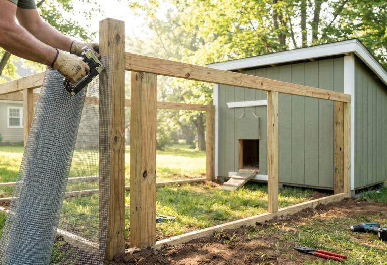 DIY chicken run frame under construction showing hardware cloth being stapled to 4x4 posts beside coop