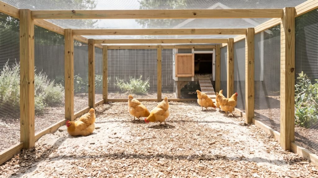 Six Buff Orpington hens roaming freely inside a spacious covered hardware-cloth chicken run