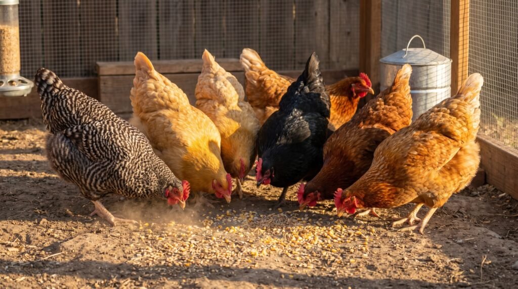 Eight backyard hens pecking at scratch grains scattered on the ground in afternoon light