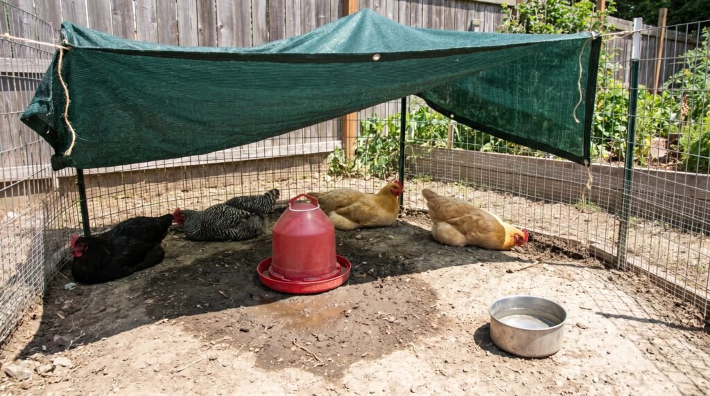 Mixed flock resting in shaded run with large waterer during hot summer afternoon
