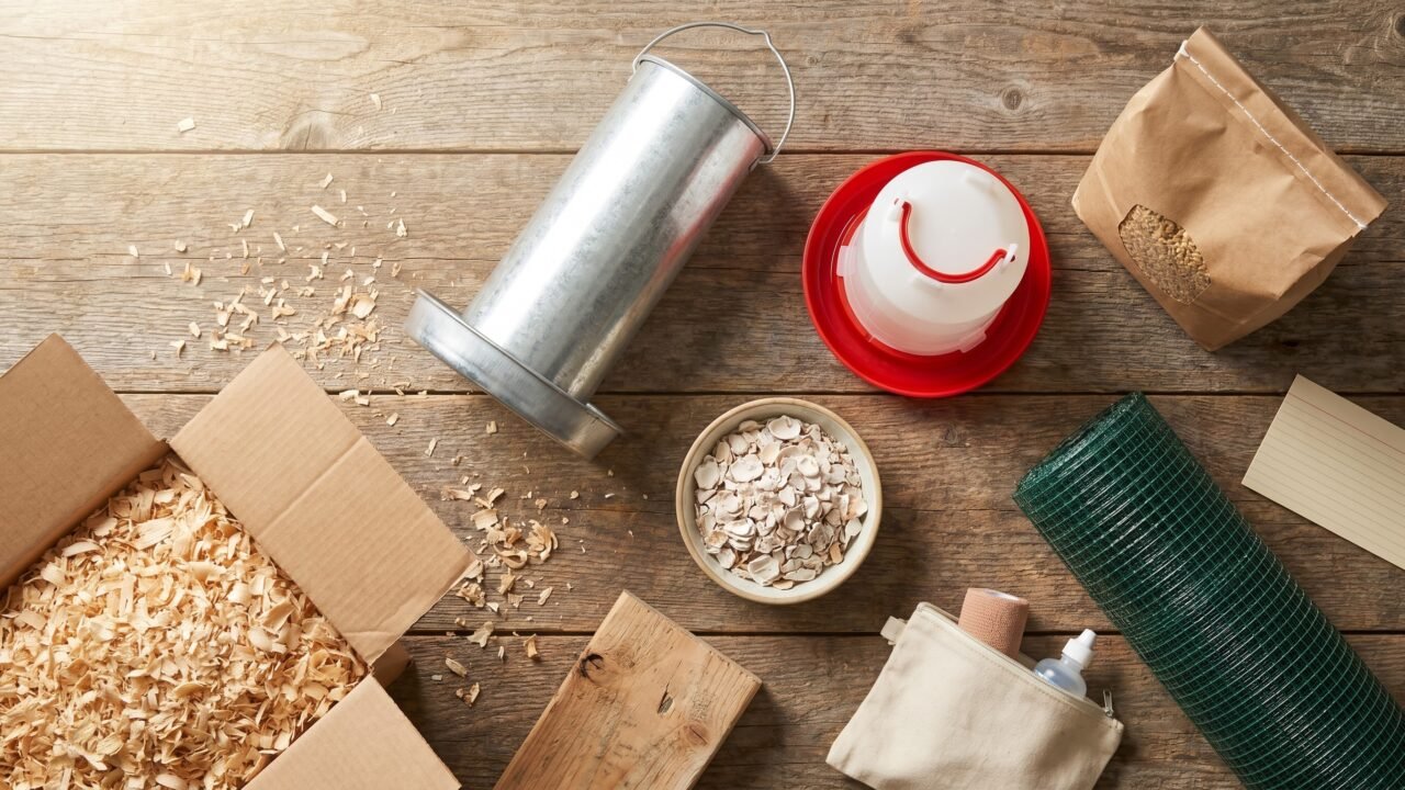 Flat-lay of backyard chicken supplies including feeder, waterer, pine shavings, and hardware cloth