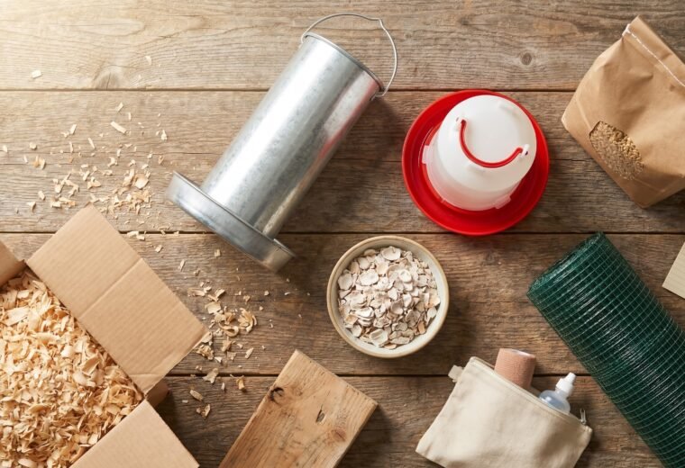 Flat-lay of backyard chicken supplies including feeder, waterer, pine shavings, and hardware cloth