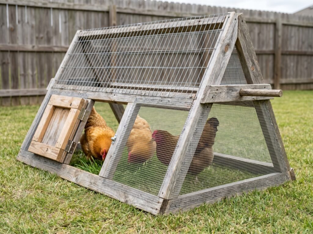 A-frame chicken tractor with hardware cloth lower half and wooden handles on green lawn