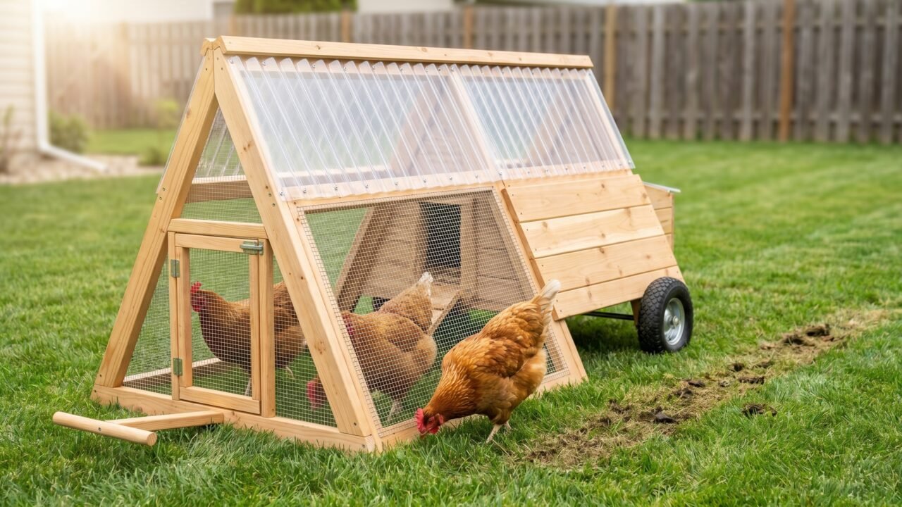 A-frame chicken tractor with three hens scratching fresh grass in a backyard lawn