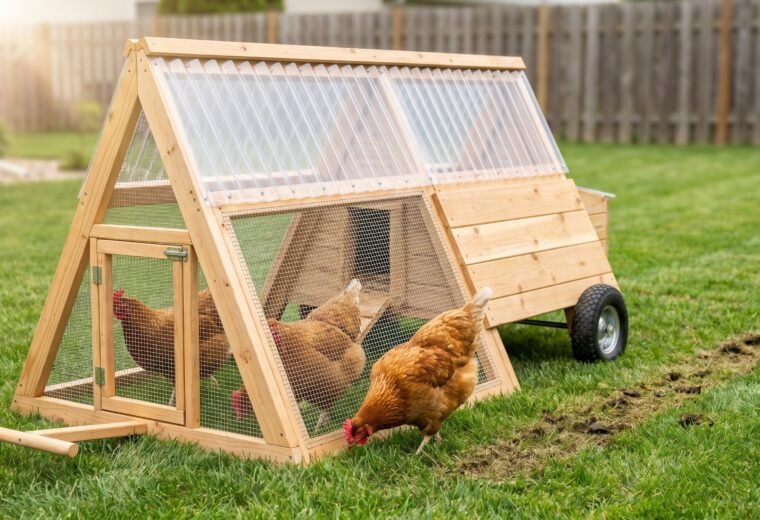 A-frame chicken tractor with three hens scratching fresh grass in a backyard lawn
