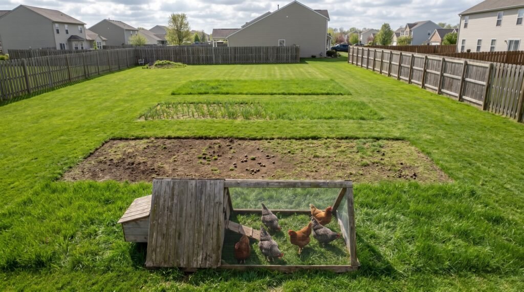 Chicken tractor rotation strips showing fresh grazing area and recovering grass behind it