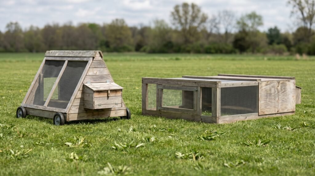 Two chicken tractors side by side showing size difference between small backyard and large broiler design