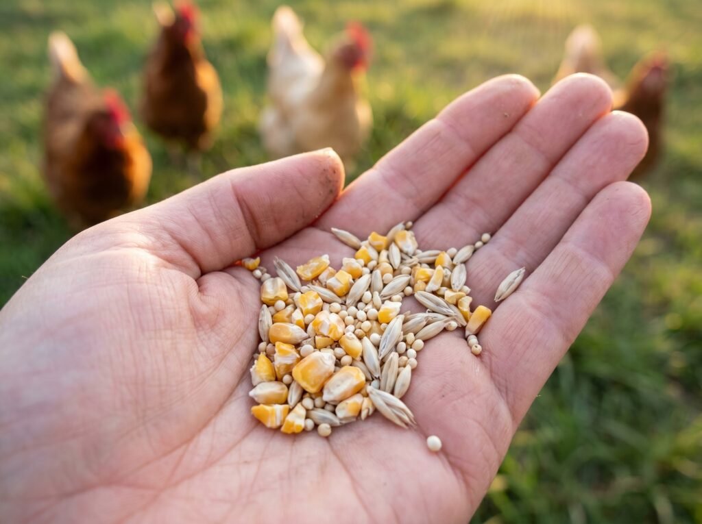 small handful of scratch grain treat portion held in an open palm with chickens approaching