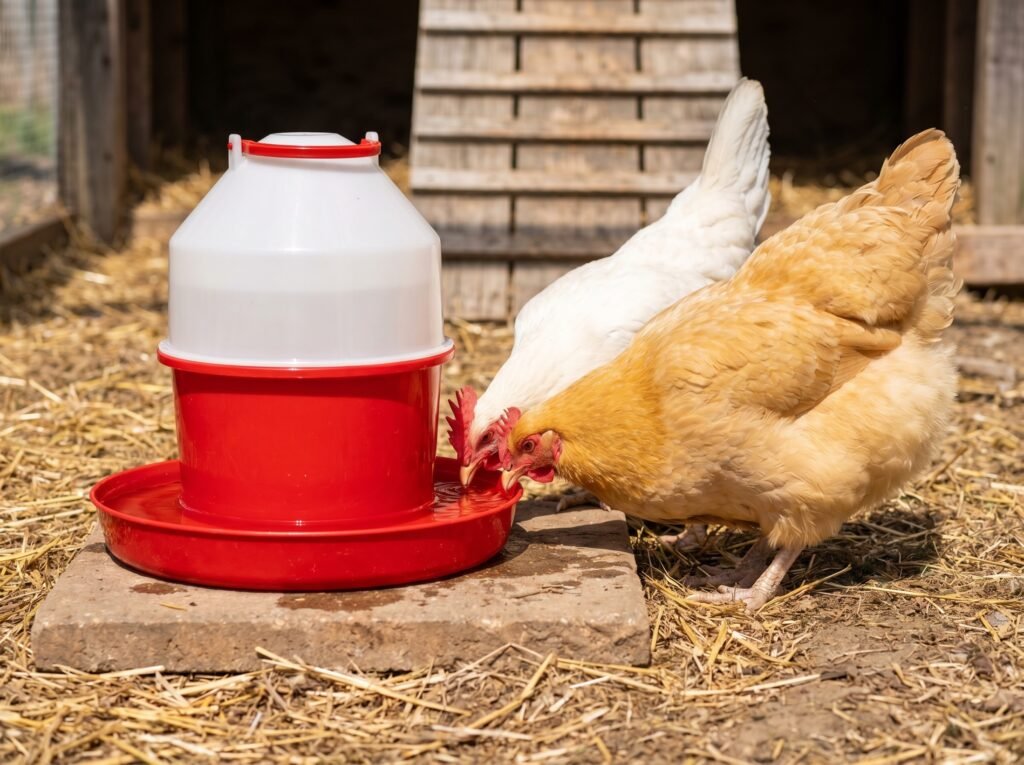 Leghorn and Buff Orpington hens drinking from a clean plastic chicken waterer outdoors
