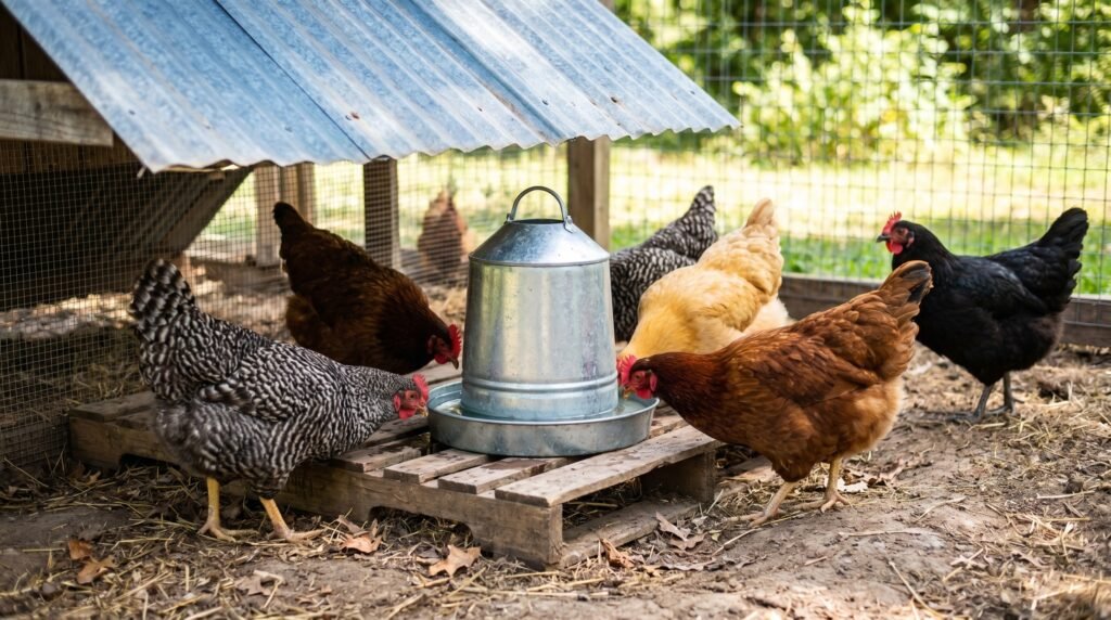 Mixed laying hen flock drinking from a galvanized waterer in a shaded chicken run
