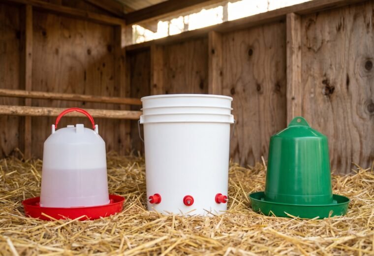 Three chicken waterer types lined up inside a wooden coop on straw bedding
