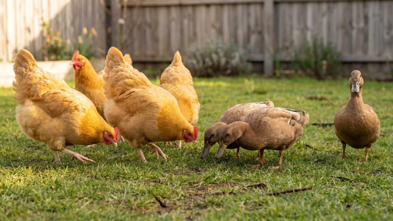 buff Orpington hens and Khaki Campbell ducks foraging together in a backyard mixed flock