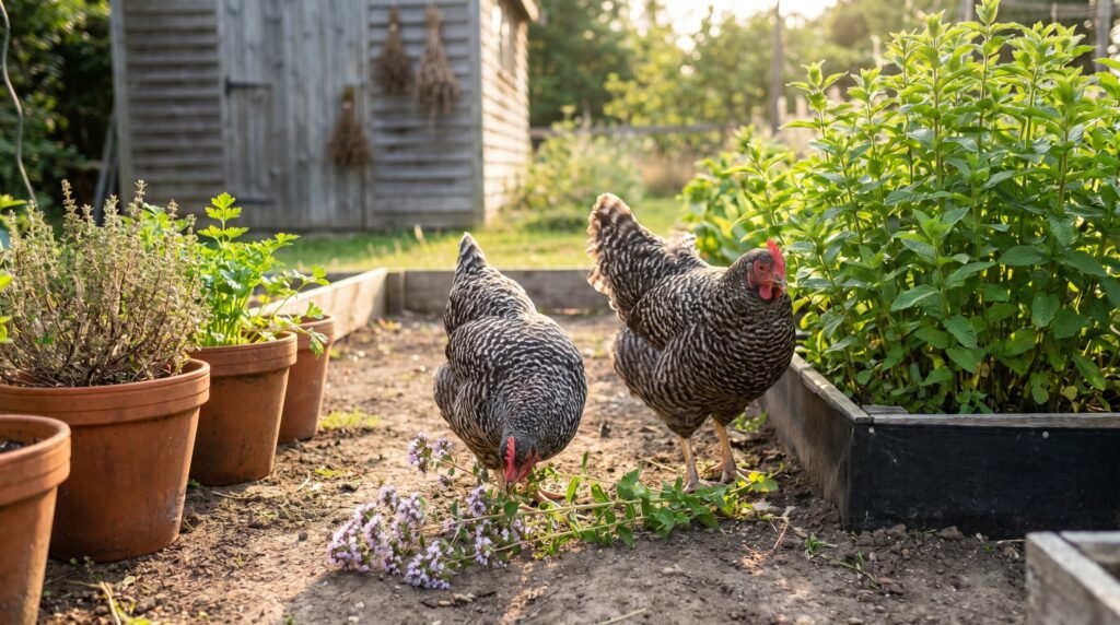 Two Barred Rock hens pecking through an established oregano and mint herb garden