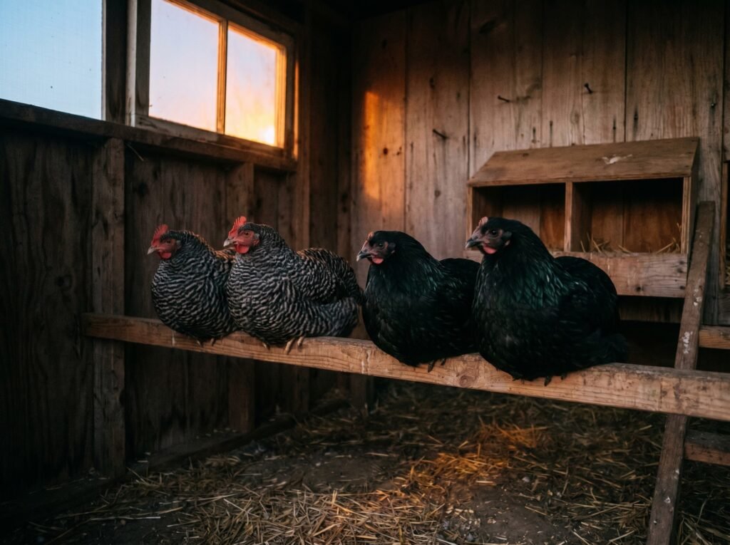 New Australorp pullets sharing a roost bar at dusk with established Barred Rock hens during integration