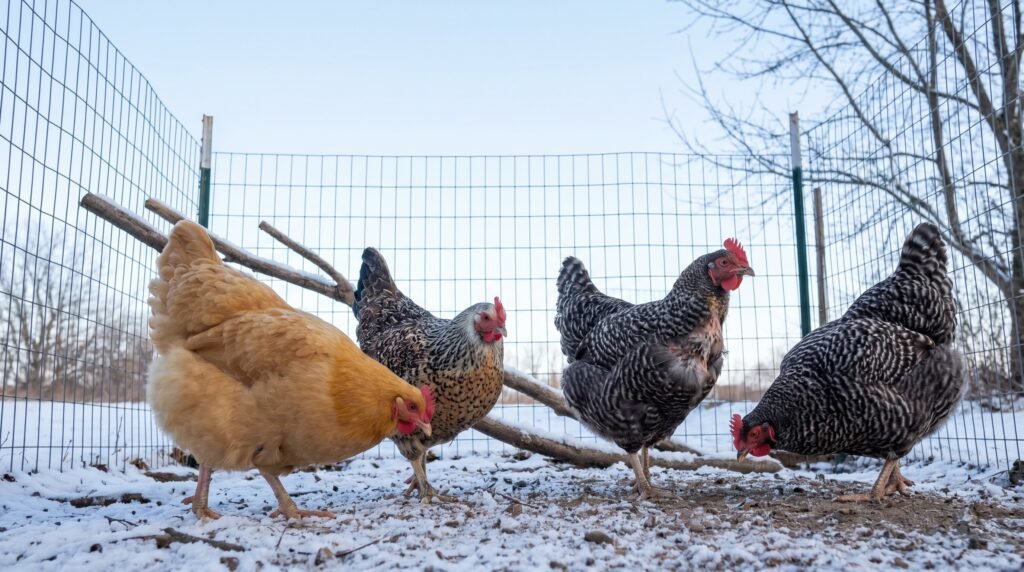 Backyard hens in winter run showing natural molt and seasonal rest without supplemental light