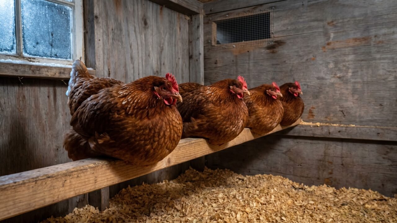 Rhode Island Red chickens fluffed and roosting on a wide wooden bar inside a cold winter coop