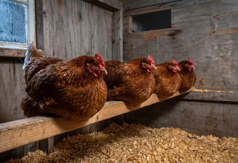 Rhode Island Red chickens fluffed and roosting on a wide wooden bar inside a cold winter coop