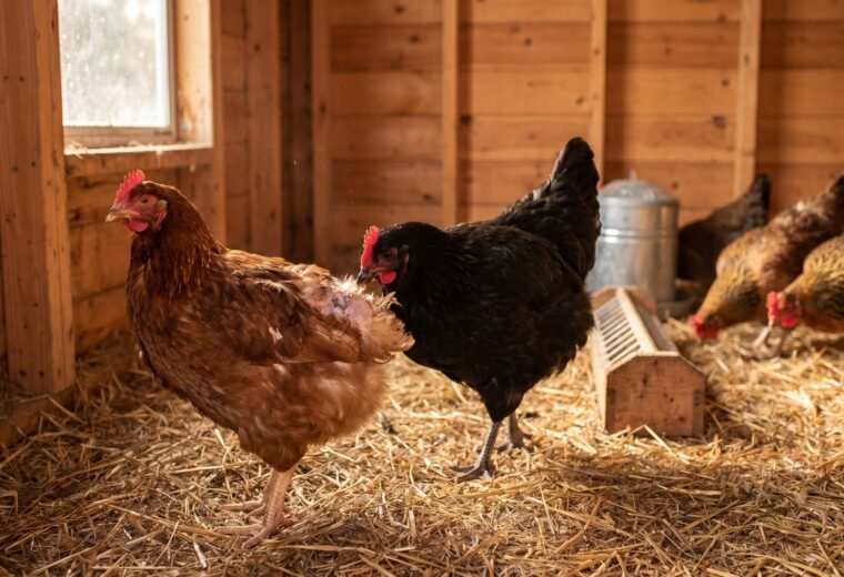 Rhode Island Red hen with feather damage on back while Australorp pecks at her tail area