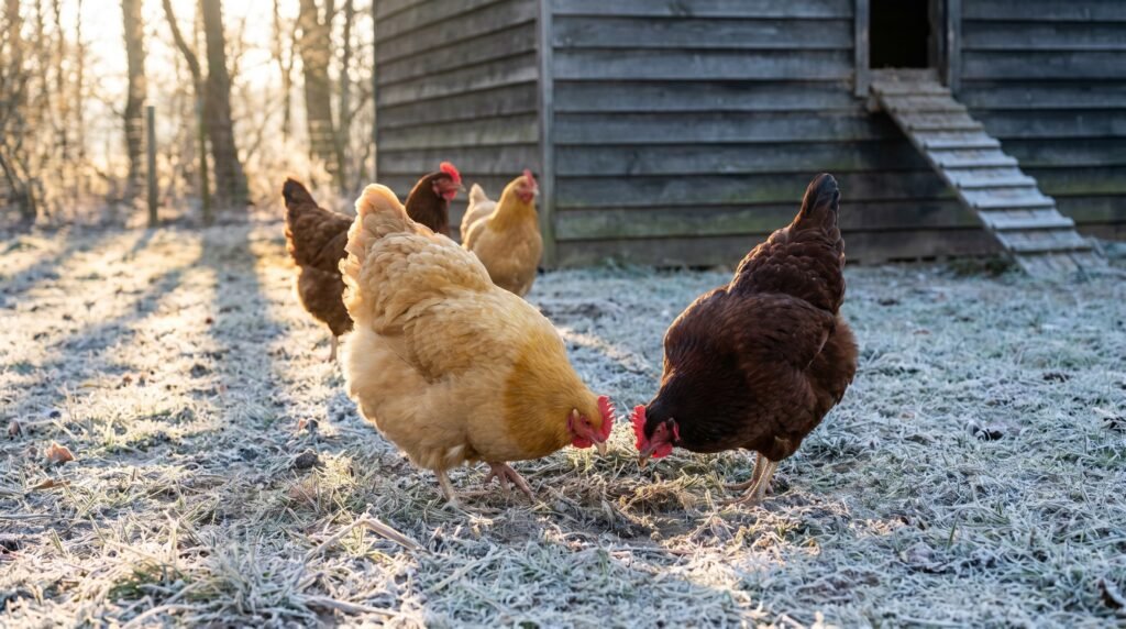 backyard chickens scratching for scratch grains on frost-covered ground in winter afternoon light
