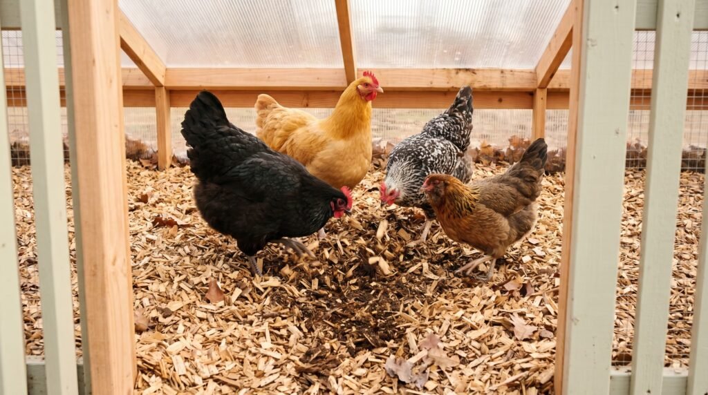 Mixed flock of chickens scratching in deep wood chip litter in a covered run