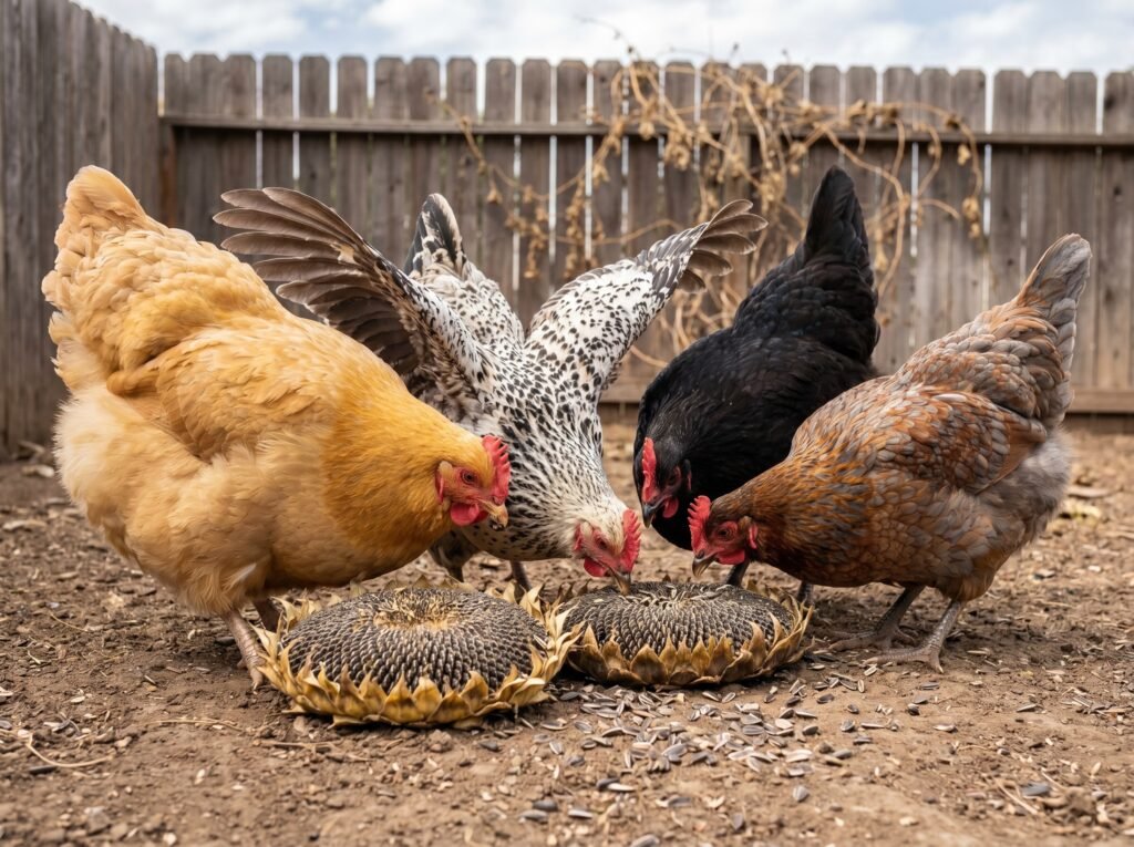 Four hens pecking seeds from dried sunflower heads placed in the chicken run