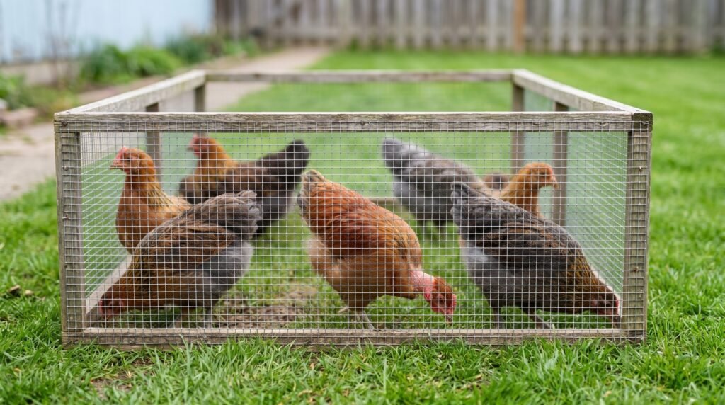 Fully feathered six-week-old chicks exploring a small outdoor wire pen on green grass