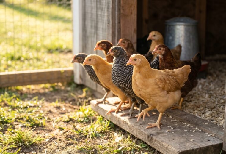 fully feathered six-week-old chicks stepping through an open coop door into a sunlit outdoor run