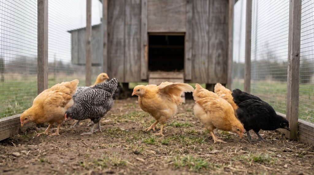 Fully feathered six-week-old pullets exploring their first outdoor run