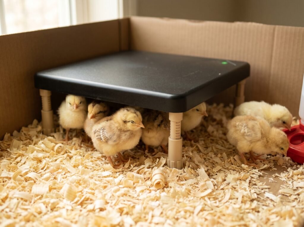 day-old chicks resting under a heat plate brooder mimicking a mother hen