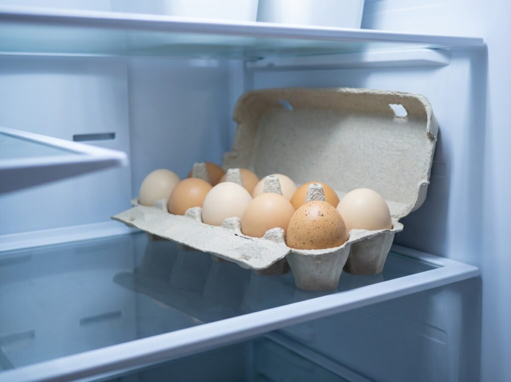 Clean backyard chicken eggs stored large end up in a carton in the refrigerator