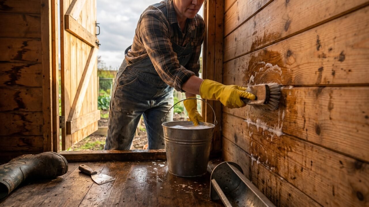 Person in rubber gloves scrubbing the inside wall of a stripped chicken coop during a deep clean