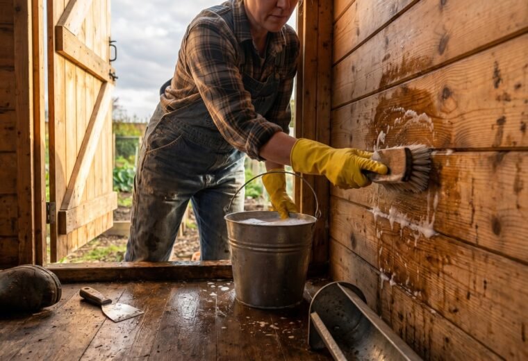 Person in rubber gloves scrubbing the inside wall of a stripped chicken coop during a deep clean