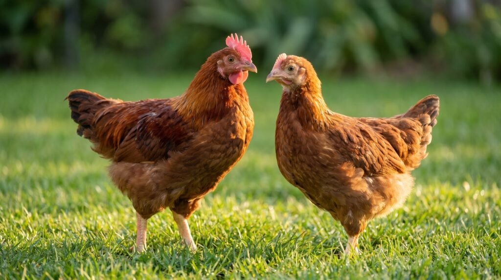 eight-week-old cockerel and pullet standing side by side showing clear comb size difference