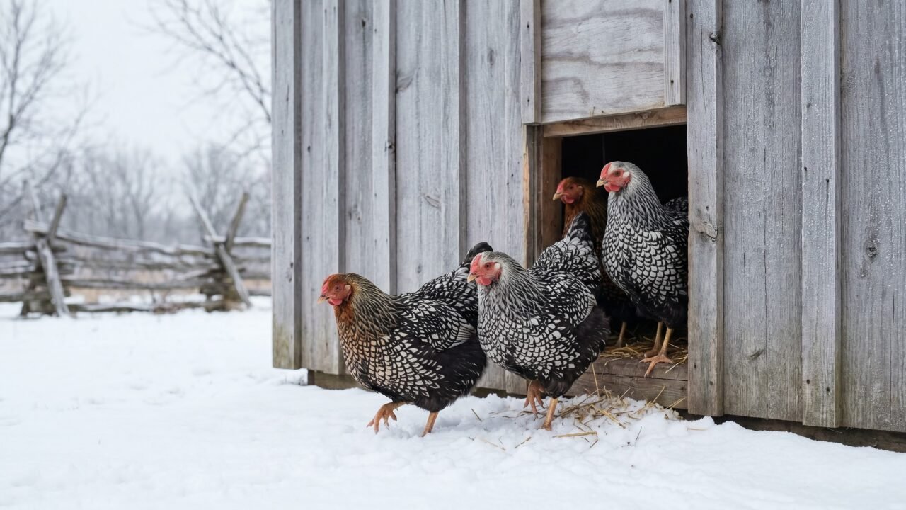 Silver Laced Wyandotte hens with rose combs stepping into snow outside a winter coop