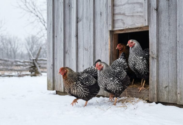 Silver Laced Wyandotte hens with rose combs stepping into snow outside a winter coop