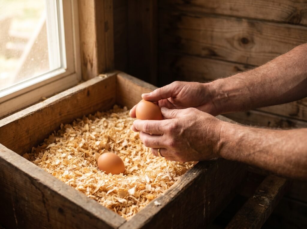 Hands collecting a fresh brown egg from a nesting box filled with pine shavings