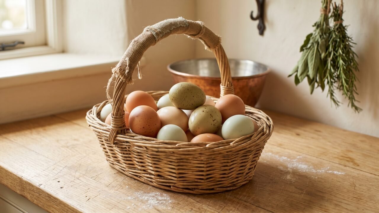 Freshly collected backyard chicken eggs of mixed colors in a wicker basket on a farmhouse counter