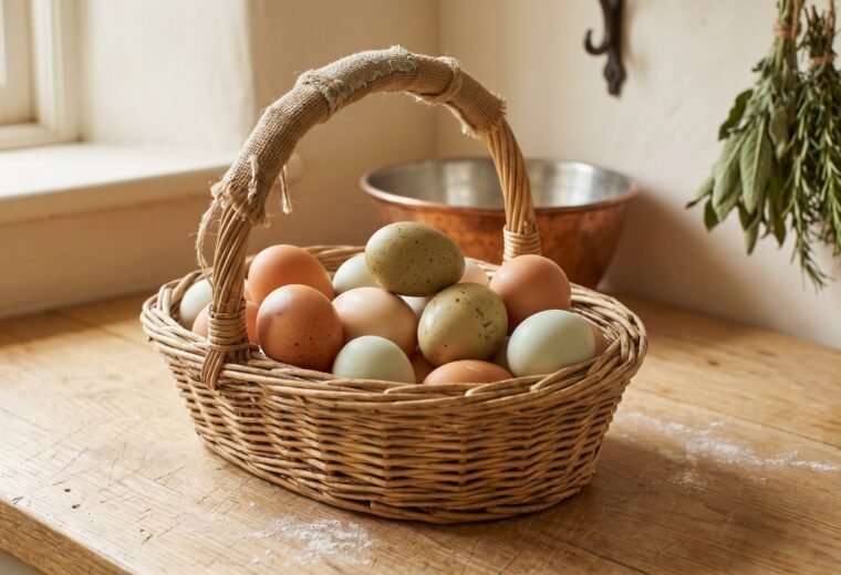 Freshly collected backyard chicken eggs of mixed colors in a wicker basket on a farmhouse counter